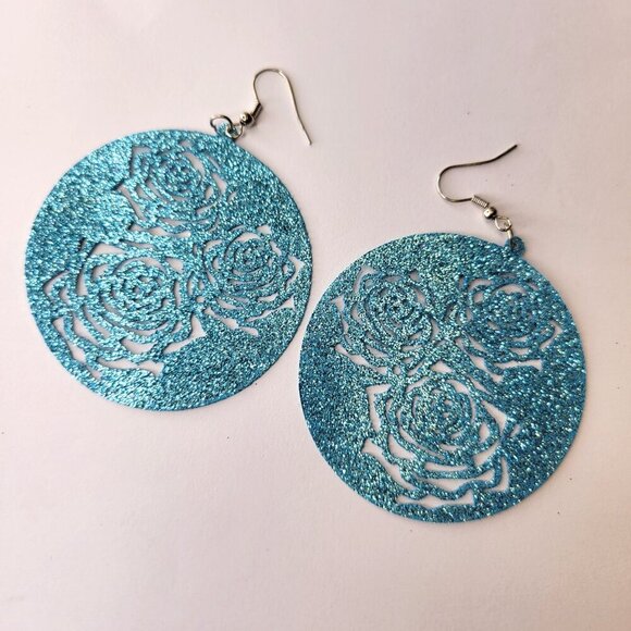 Blue Filigree Glitter Round Earrings - Picture 1 of 4